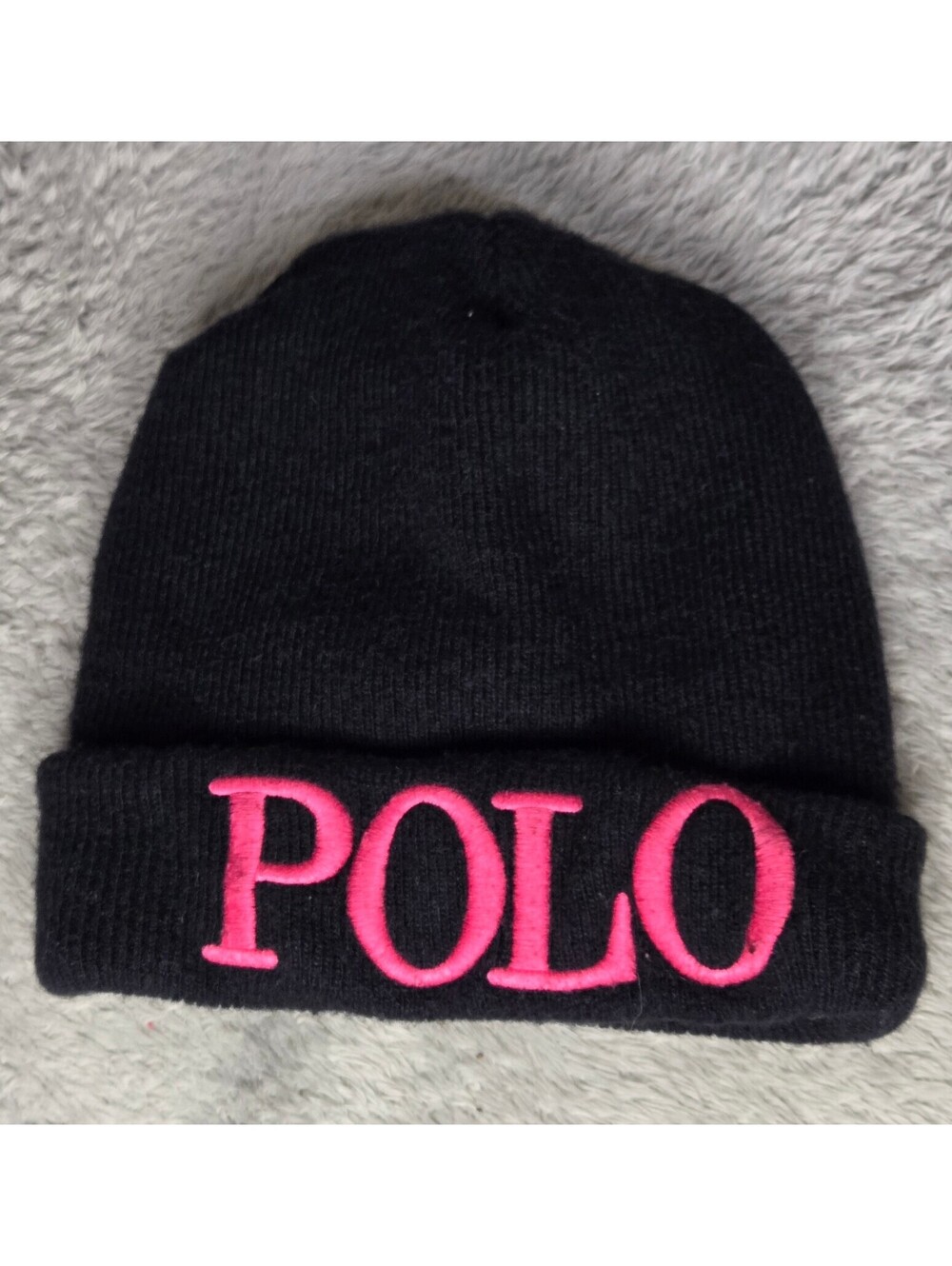 Polo Ralph Lauren Black Knit Beanie Pink Logo Merino Cashmere Angora Blend